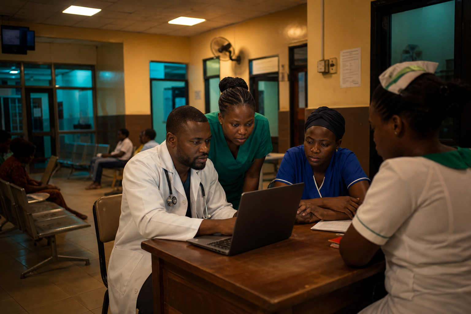 Clinicians working an evening OPD in a Ghanaian district hospital