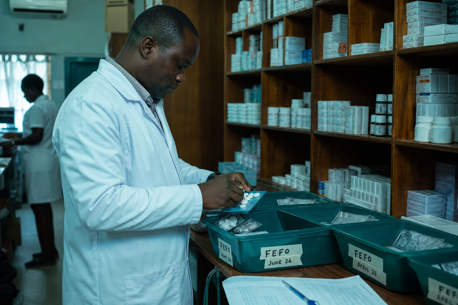 Hospital pharmacy shelves and dispensing counter